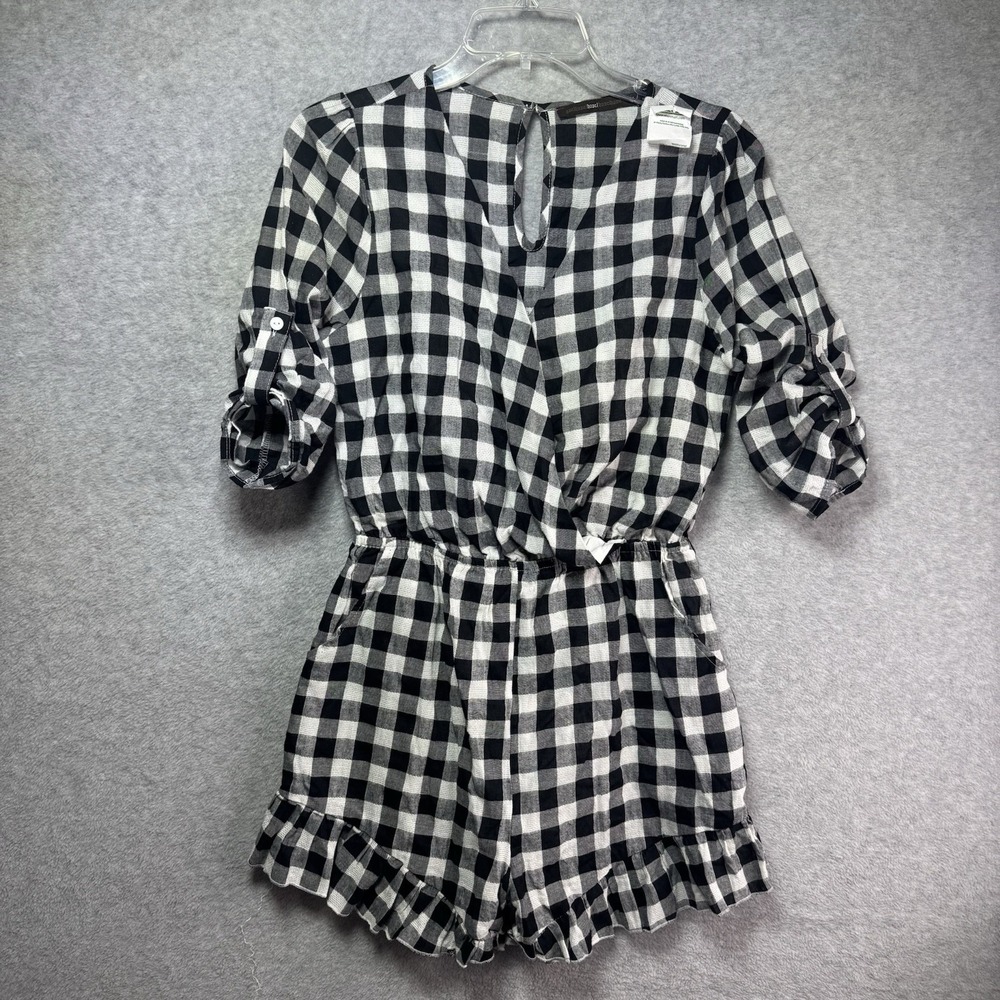 NWT Anthropologie Azel Hazel Black & White Plaid Gingham Romper Ruffle Hem M